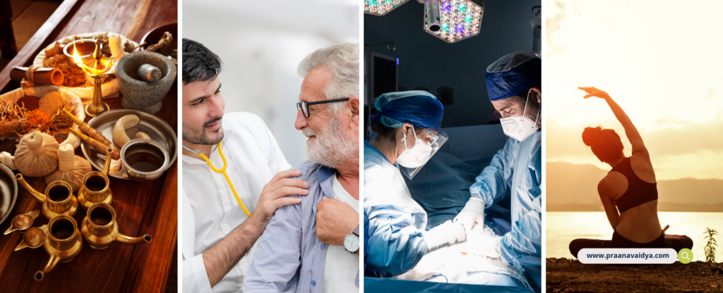 Praanavaidya, healing arts of ayurveda, allopathy, surgery, and yoga.